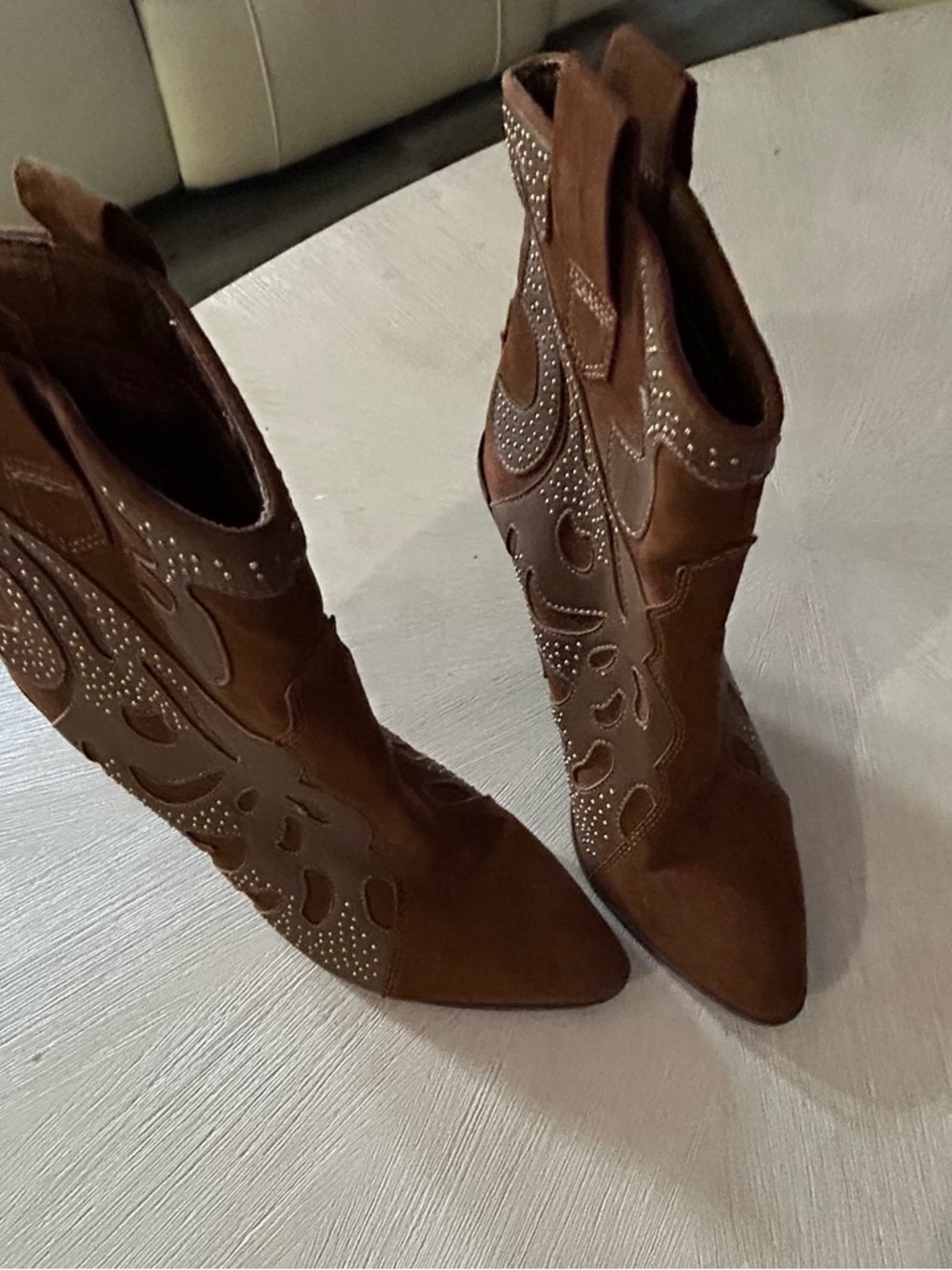 Embellished Brown Suede Pointed-Toe Heeled Boots